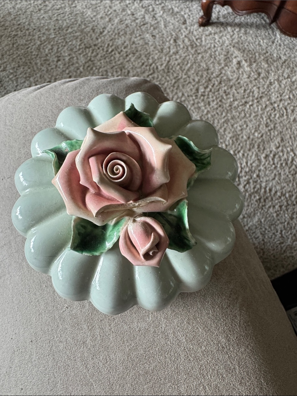 Vintage Rose Mint Trinket Porcelain Jewelry Holder GUC -Small Flaw
